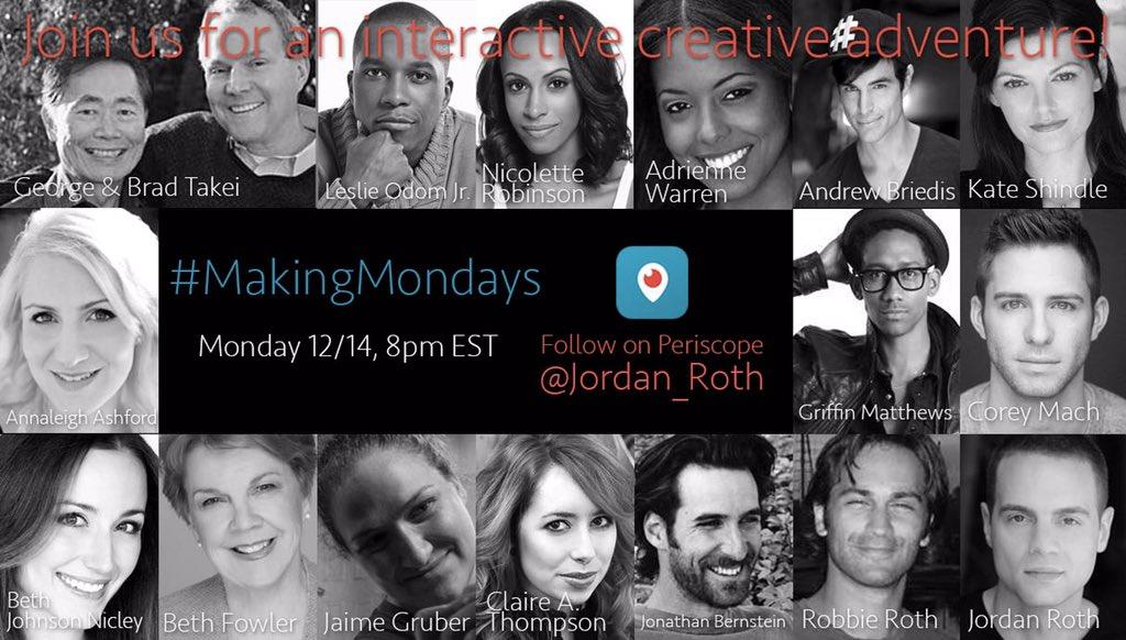 Jordan_Roth's tweet photo. What will @GeorgeTakei @LeslieOdomJr @TheAAshford @AEAPresident &amp; YOU be making tonight?! Watch #MakingMondays... https://t.co/IMCNaOYaeY