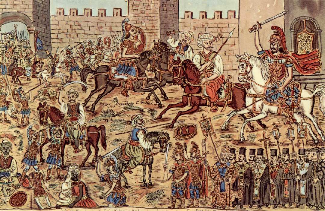 ghostofhellas's tweet photo. Painting by the Greek folk painter Theophilos Hatzimihail showing the battle inside the city during the siege of1453 https://t.co/FHktvNrUJJ