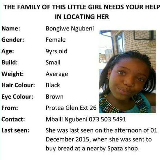 Thiwe's tweet photo. Little Bongiwe is still missing. Please, please, please RT so she can get back home to her family. https://t.co/pfQMkADvNq