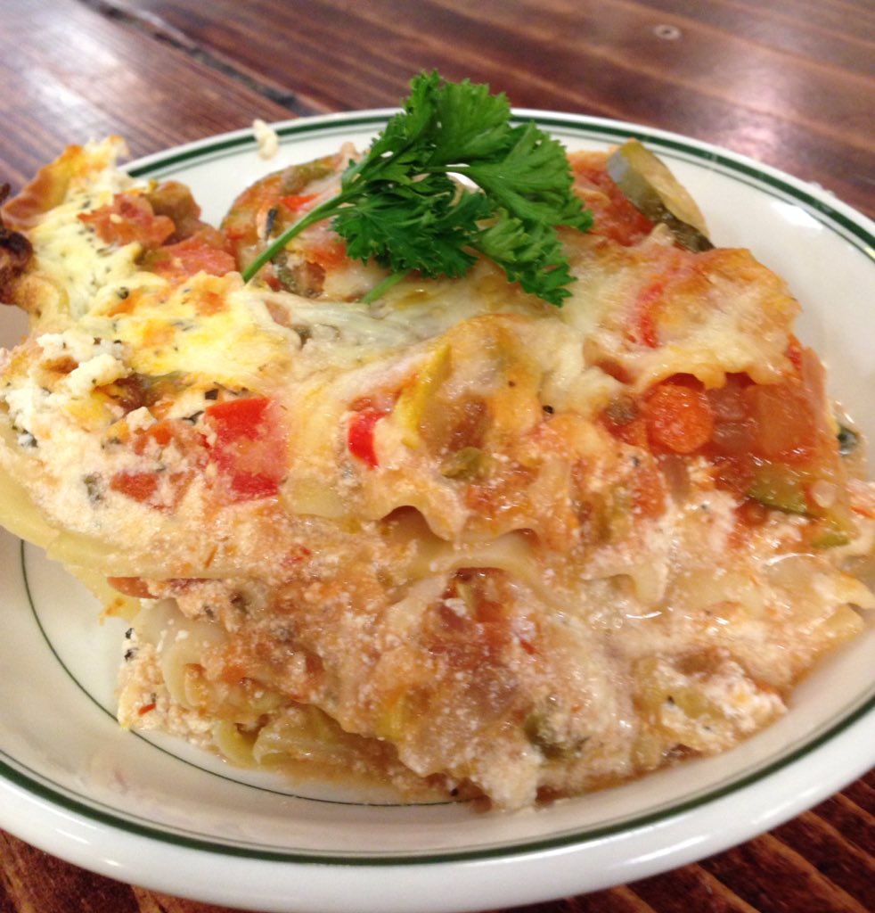 Lunch special today: Meatless lasagna chock full of local veggies + homemade pita bread, $5.50. #ilyceats