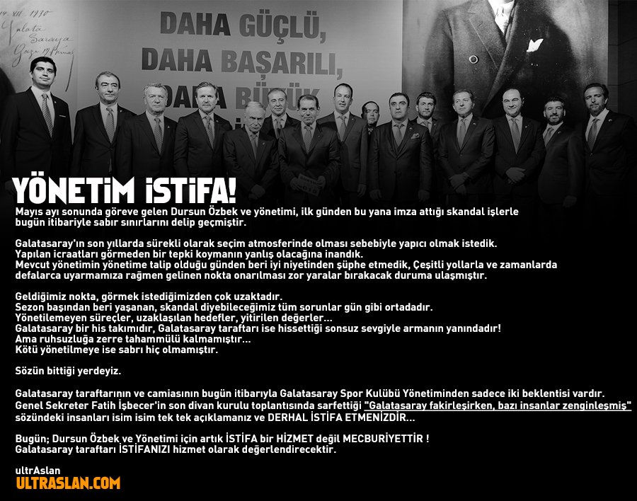 #ultrAslan BİLDİRİ | Dursun Özbek Yönetimi için artık İSTİFA bir HİZMET değil MECBURİYETTİR !