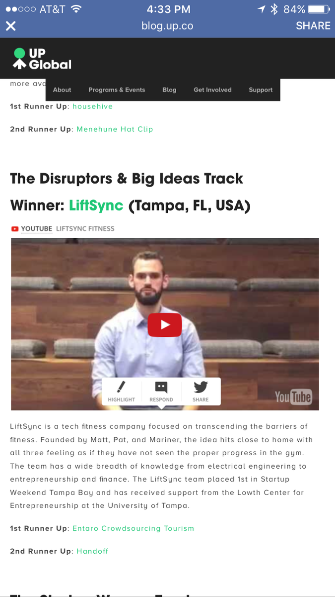 Congratulations to <a href="/liftsync/">LiftSync</a> on taking home first place in the global startup battle. Way to represent Tampa Bay.
