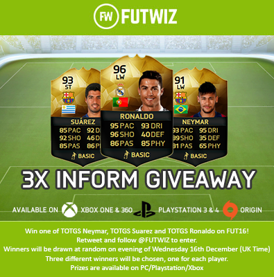 FUTWIZ's tweet photo. Win TOTGS Neymar/Suarez/Ronaldo on FUT16! Follow+RT to enter, winners drawn Weds 16th Dec https://t.co/o8eliKtp3P https://t.co/oz2LSEszhl