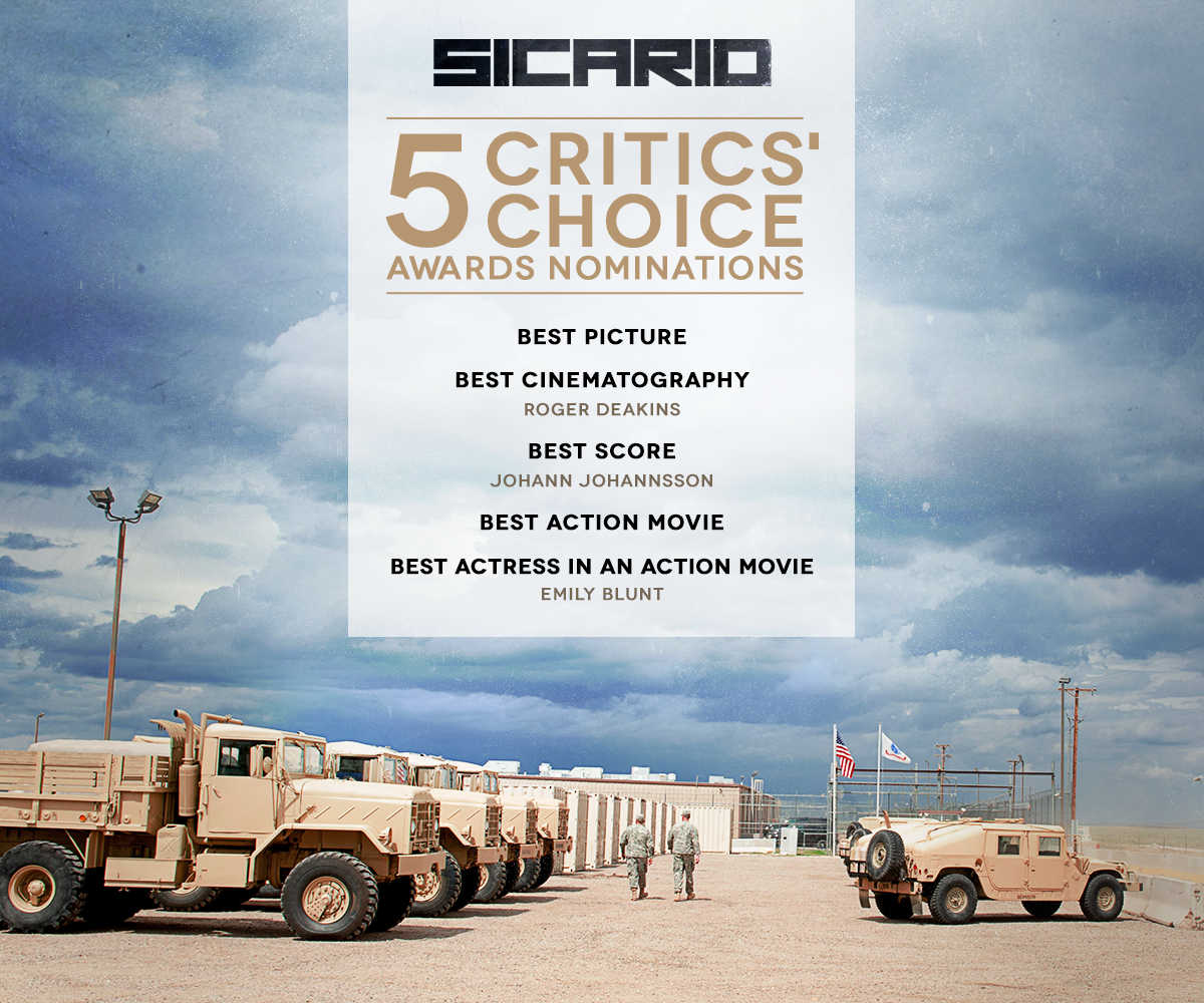 SicarioMovie's tweet photo. Congrats to #Sicario on receiving 5 #CriticsChoice nominations including Best Picture! https://t.co/iNngst1QYW https://t.co/0XLm2pGUH8