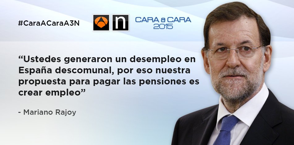 A3Noticias's tweet photo. Rajoy asegura que para mantener las pensiones la clave es generar empleo #CaraACaraA3N https://t.co/e74LvOxjrU https://t.co/52OaHerKG3