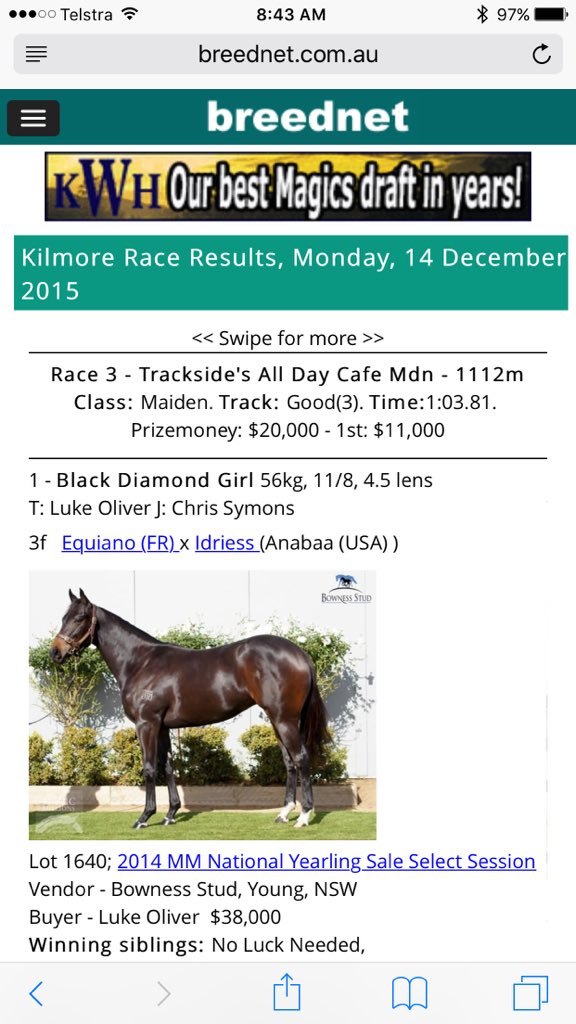 EquianoClub's tweet photo. Congrats to #Bowness Stud as breeders of exciting 3F #BLACKDIAMONDGIRL after he debut win at Kilmore yday https://t.co/UzmkHGKC25