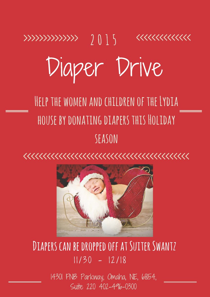 SuiterSwantz's tweet photo. Last week to drop off diapers for #diaperdrive2015.Help the women &amp;children of the Lydia House by donating. https://t.co/nZcivprQip
