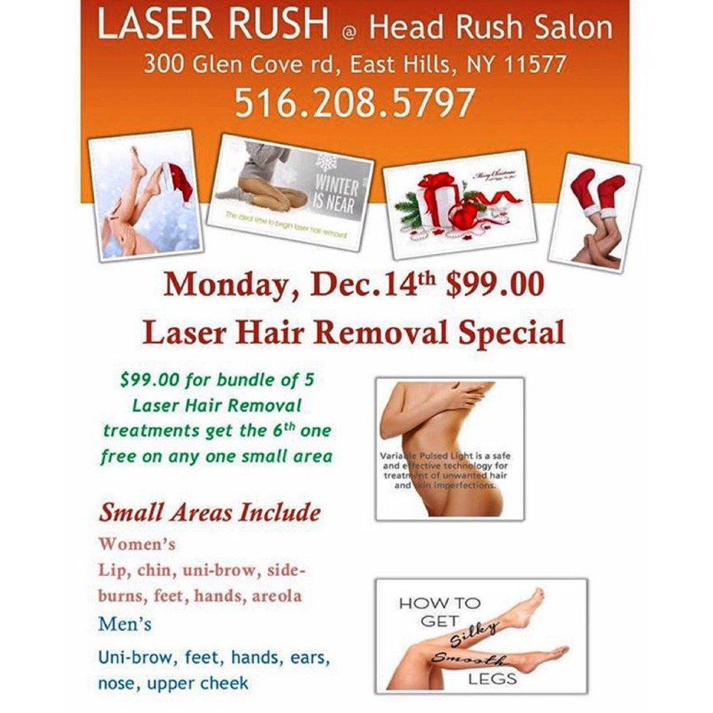 SALONHEADRUSH's tweet photo. 1 Day Special. $99 bundle of 5 laser hair removal treatments plus 6th session for free. Small area only. https://t.co/HpAkUDOloX