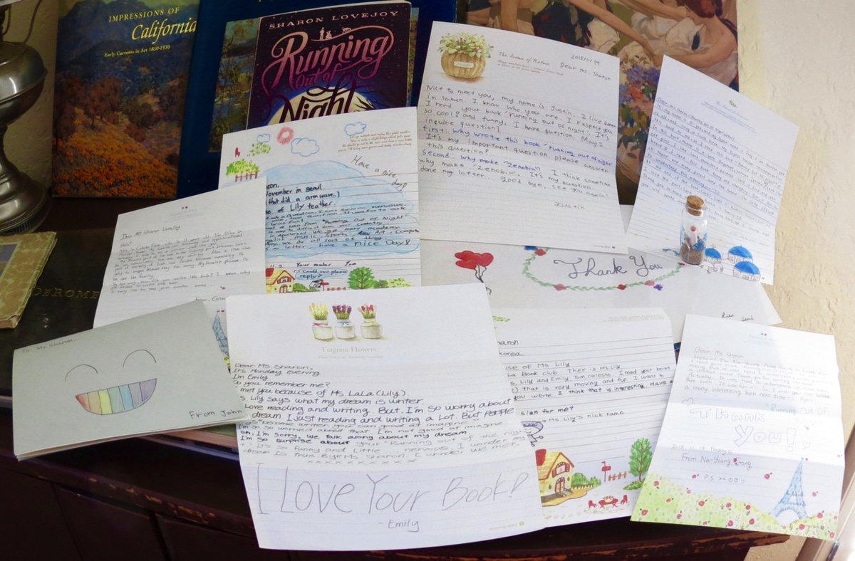 Thank you notes from LaLa Book Club in Korea. They just finished my novel, Running Out of Night! Lovely!