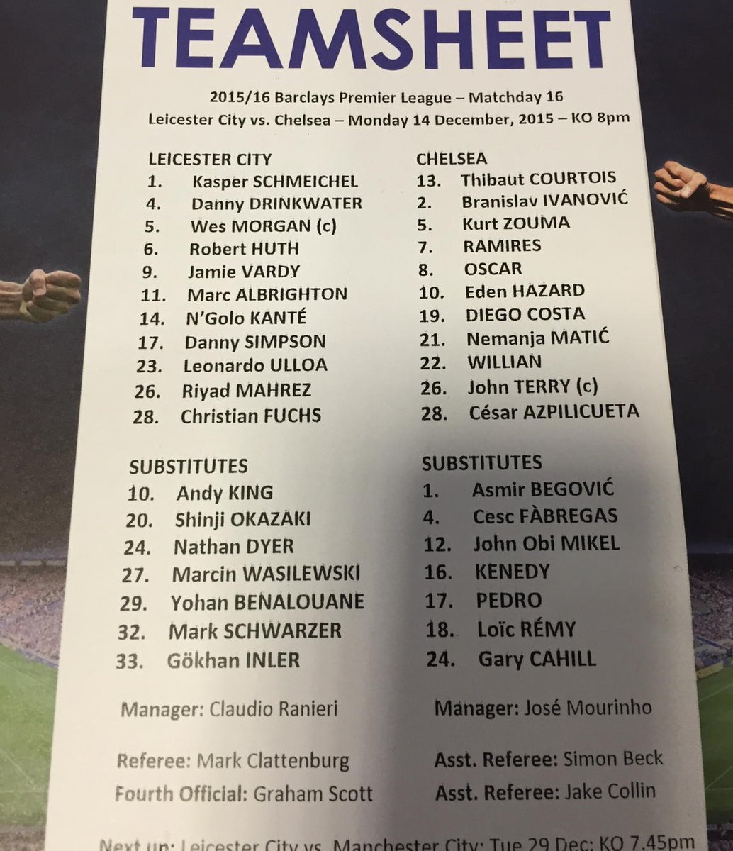 henrywinter's tweet photo. #lcfc v #cfc team sheet https://t.co/eWUWHYRCBL
