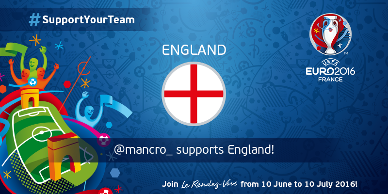 UEFAEURO's tweet photo. @mancro_ You are now a supporter of England for the #EURO2016! #SupportYourTeam https://t.co/yGeq0DOUAr