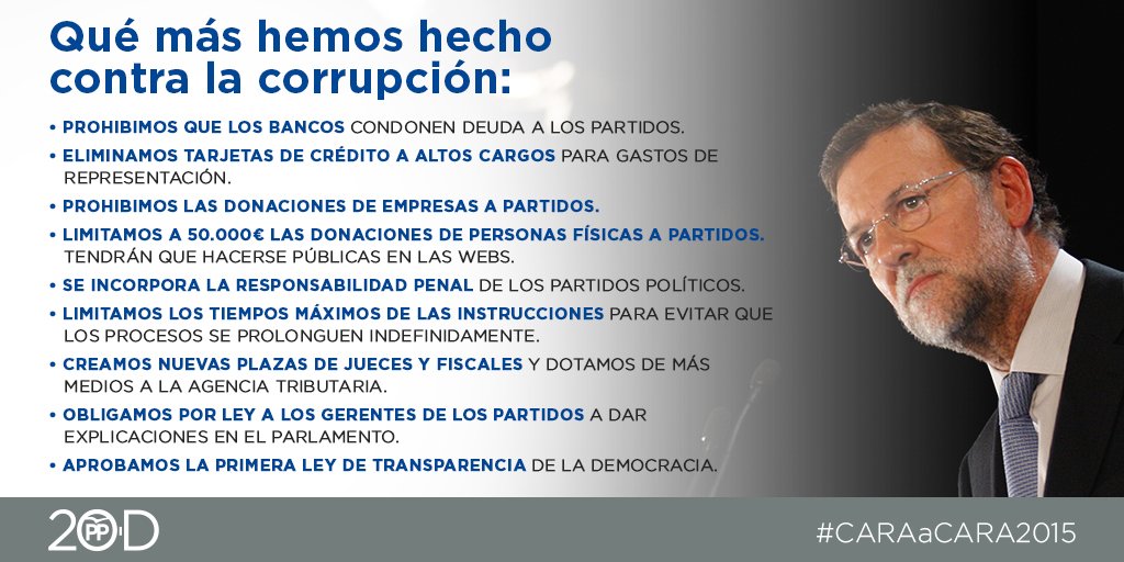 ppopular's tweet photo. Somos el primer partido que legisla para luchar contra la corrupción @marianorajoy #CaraACaraL6 #YoVotoPP https://t.co/SnFpidpOIh