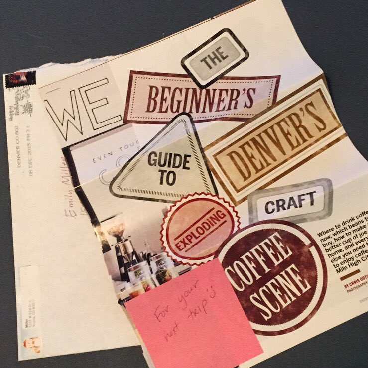 ejmiller02's tweet photo. One of the coolest things I've been sent: pages torn from a magazine about #coffee places in #Denver. Thanks Molly! https://t.co/JBaUsZWYVT