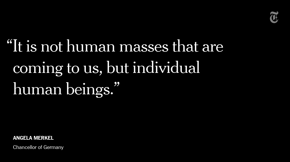 nytimesworld's tweet photo. In a speech Monday, Merkel lauded the efforts of many Germans to welcome refugees https://t.co/gQkwFtxjMt https://t.co/cUVIB8MDxt