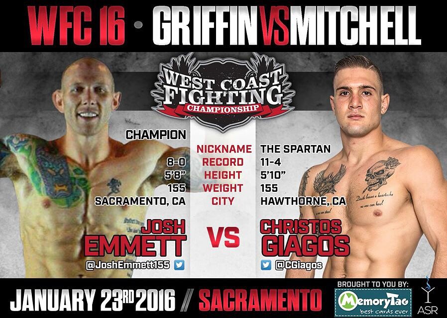 WFC_MMA's tweet photo. #WFC16 @joshemmett155 vs. @CGiagos #MMA #FightNight #KingOfSacramento https://t.co/Wc6r94ukOr