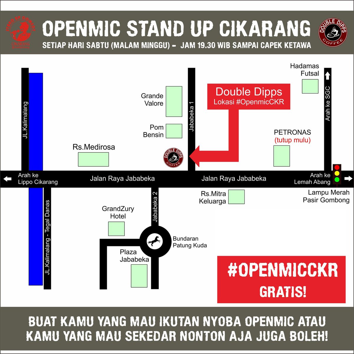 Denah menuju lokasi #OpenmicCKR di <a href="/DoubleDipps/">doubledipps</a> Jababeka 1 tiap malem minggu.