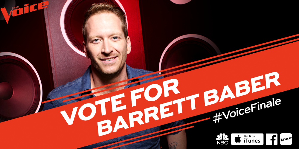 NBCTheVoice's tweet photo. RT if you’re voting to make @BarrettBaber #TheVoice of Season 9 tonight AFTER the show. #VoiceFinale https://t.co/I8hJ8OQHcO