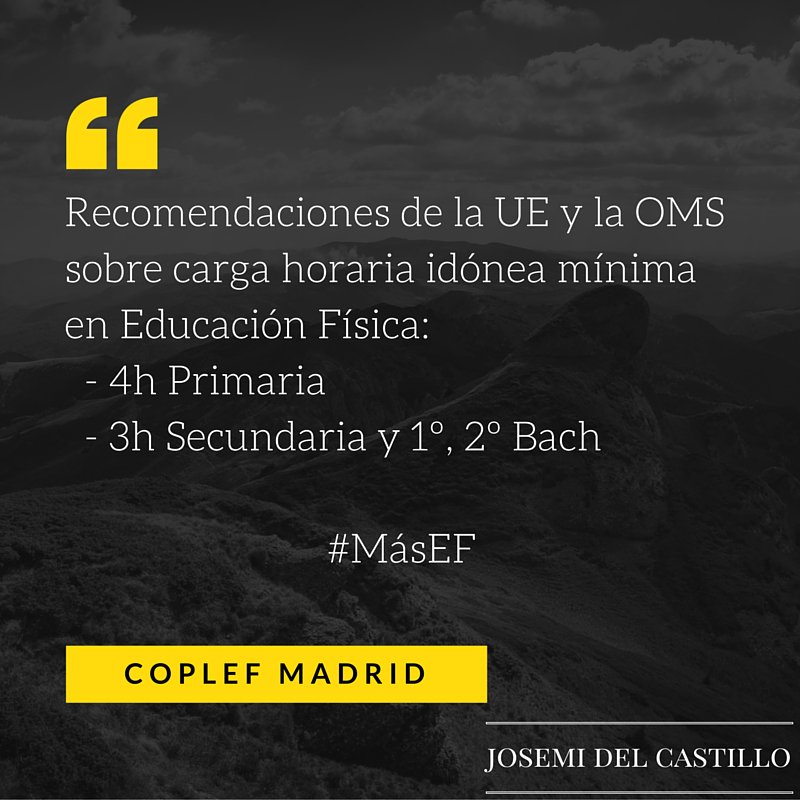 Recomendaciones UE y OMS carga horaria idónea mínima #EF:
4h Primaria
3h Secundaria y 1º,2º Bach
#MásEF #CaraACaraL6