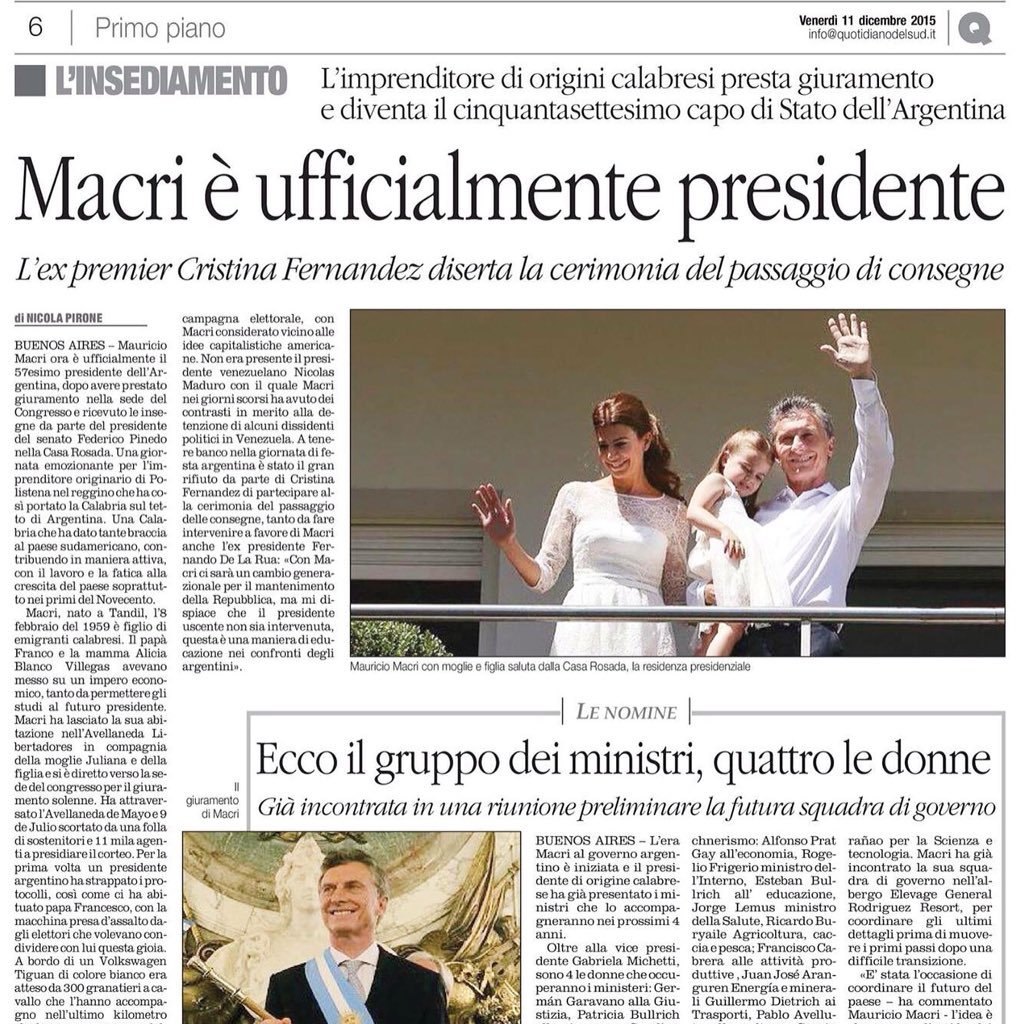 La Calabria sul tetto d'Argentina <a href="/mauriciomacri/">Mauricio Macri</a>  @juIiana_awada