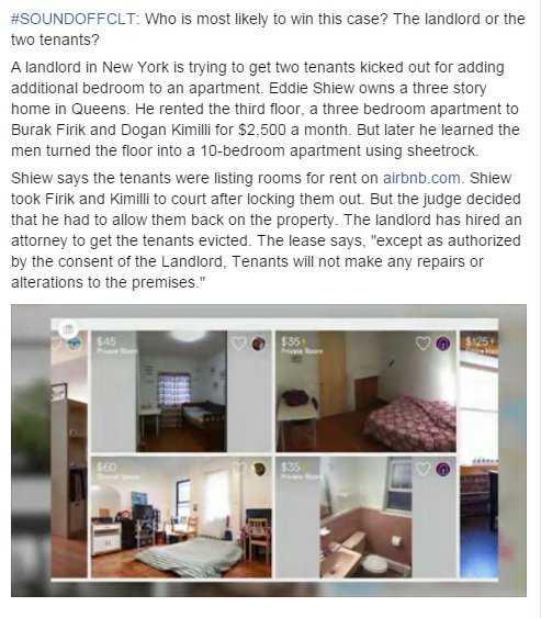 BrigidaMack's tweet photo. #SOUNDOFFCLT: Who's most likely 2 win case? Landlord or tenants who added bedrooms 2 apartment? @wbtv_news 8p Bounce https://t.co/jWJR8d1qrf