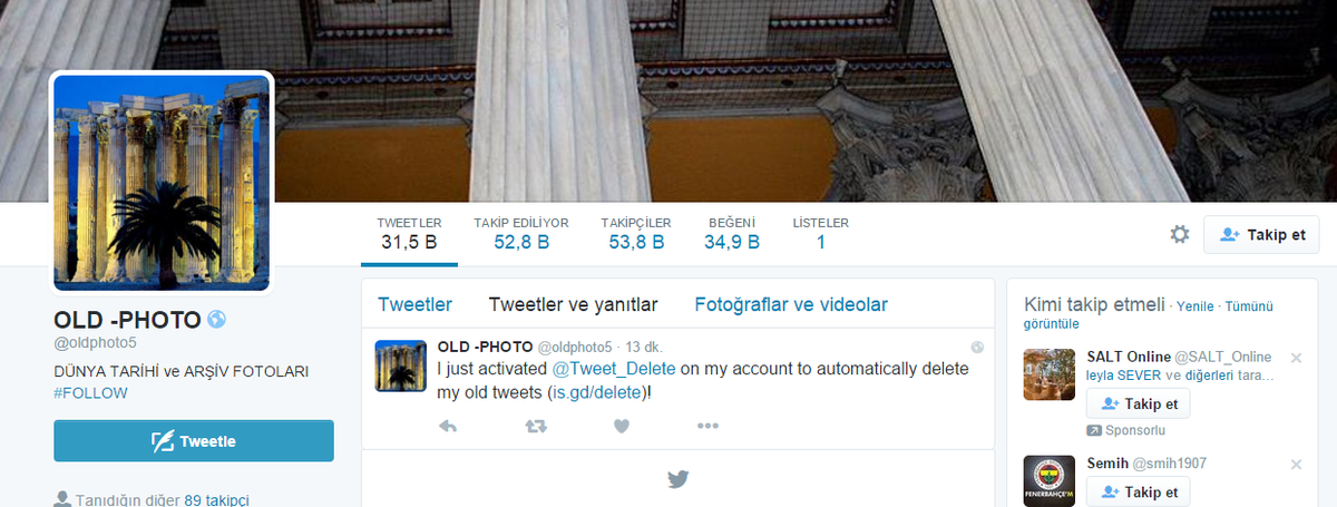 Ana hesabımın ismini değiştirdim @oldphoto5 yaptım,tweetlerimi de sildim :)