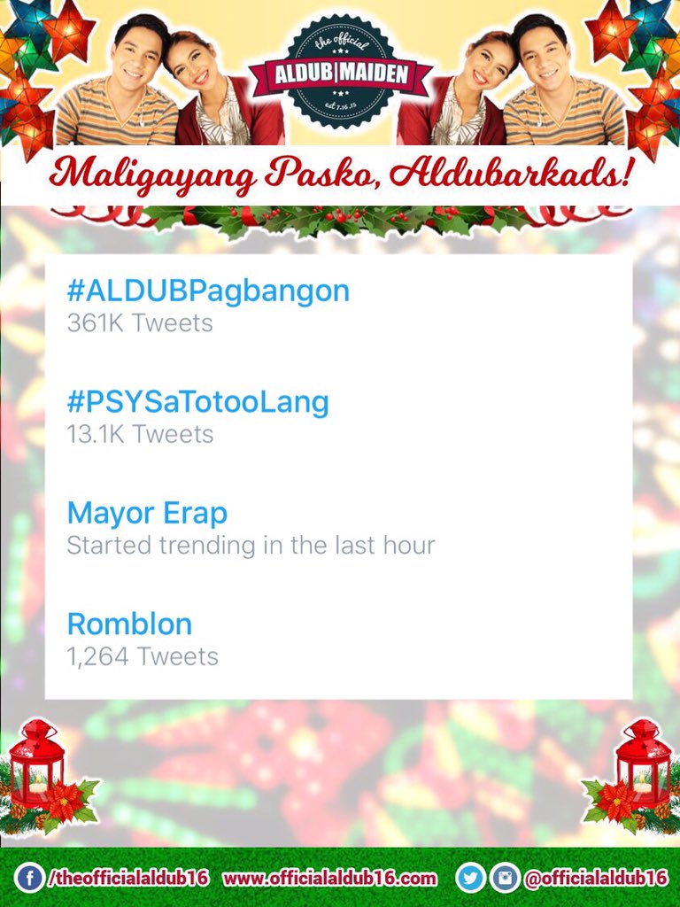 OFFICIAL ALDUBMAIDEN 16 (@officialaldub16) on Twitter photo TWEET REPORT: THREE HUNDRED SIXTY ONE K TWEETS! <a href="/aldenrichards02/">Alden Richards</a> <a href="/mainedcm/">Maine Mendoza</a>
#ALDUBPagbangon TWEET REPORT: THREE HUNDRED SIXTY ONE K TWEETS! <a href="/aldenrichards02/">Alden Richards</a> <a href="/mainedcm/">Maine Mendoza</a>
#ALDUBPagbangon