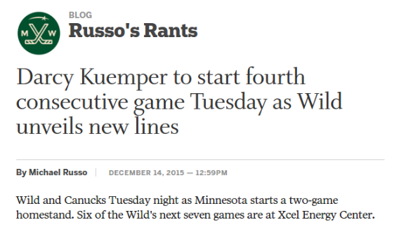 ClutterPuck's tweet photo. #Kuemps to start 4th straight TUE as @mnwild
 unveil some new line combos!
https://t.co/rBrJhZ7cQ2 https://t.co/SsFhkExMAc