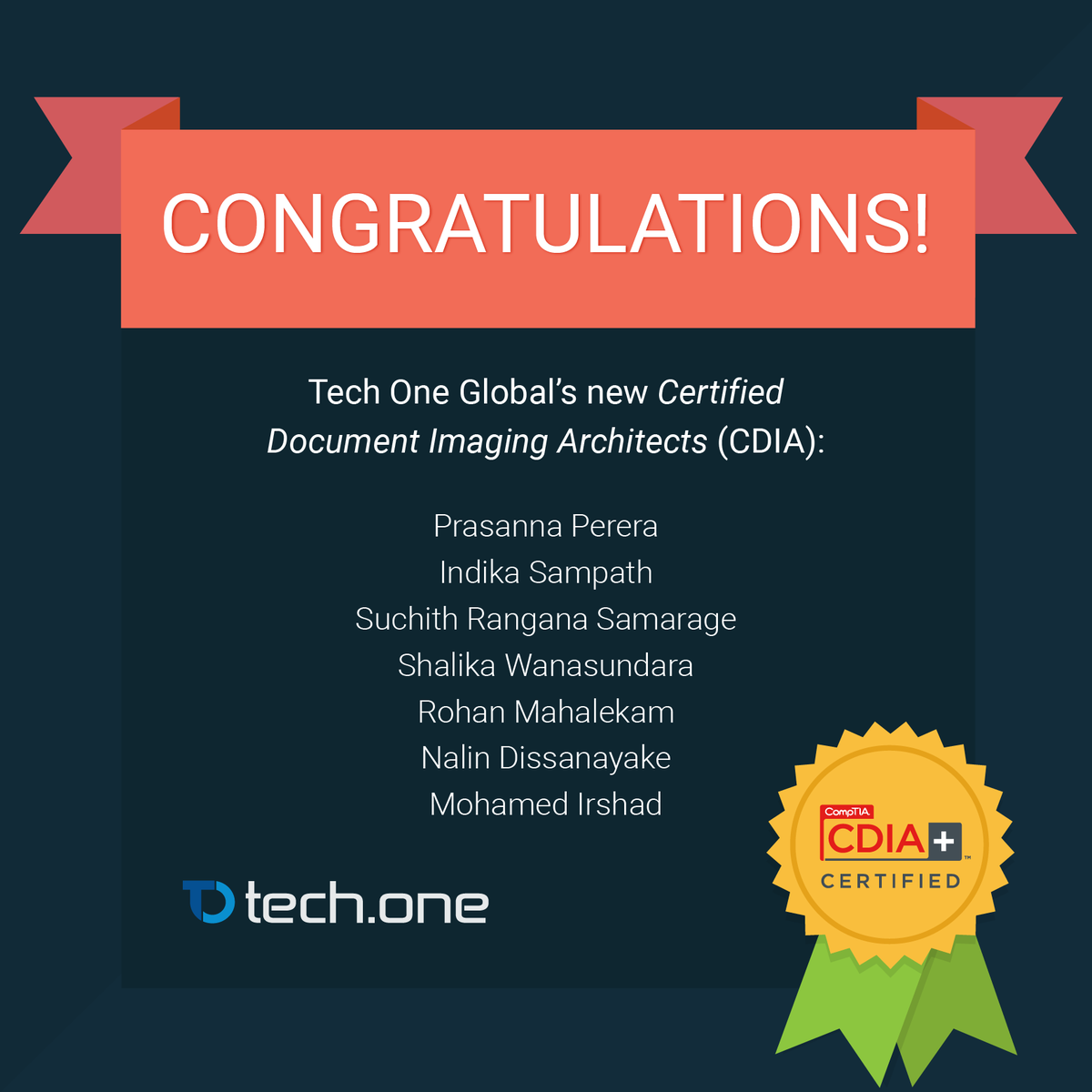 TechOneGlobal's tweet photo. Congratulations to the Tech One Global's new Certified Document Imaging Architects (CDIA)!
#CDIA #TechOneGlobal https://t.co/xTI6tlYSNl