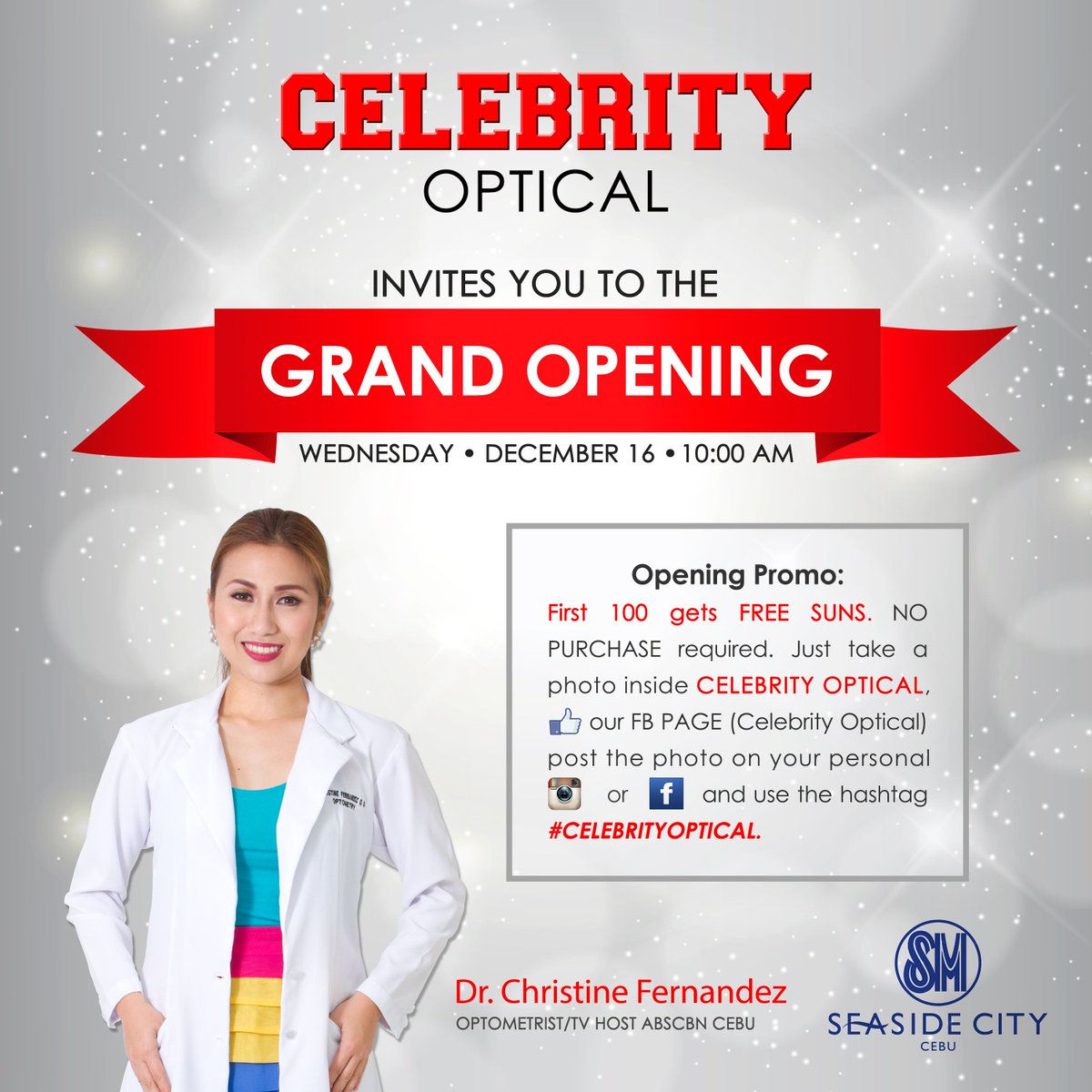 SMSeasideCebu's tweet photo. Come to the opening of @CelebOptical in #SMSeasideCityCebu tomorrow! Check out their opening promo #MallAboveAllElse https://t.co/EGuL0vLQx6
