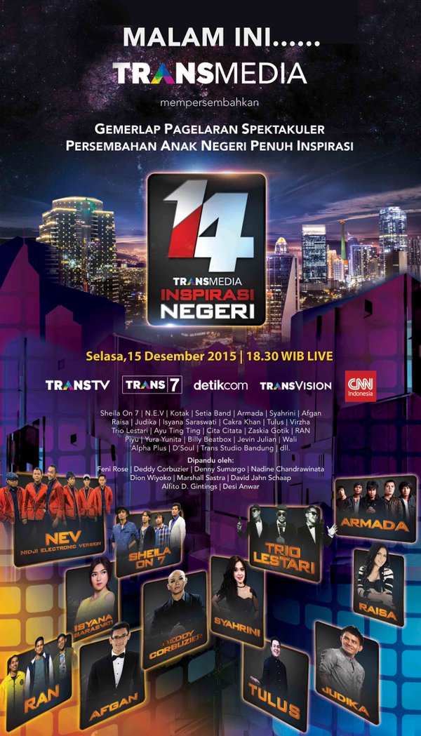 Malam ini aku akan memberikan penampilan spesial untuk HUT #TRANSMEDIA14. Jangan lupa yaa, pkl 18.30 WIB 😊