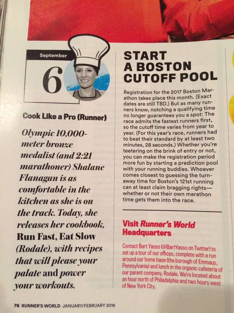 ShalaneFlanagan's tweet photo. September 6th 2016, Run Fast Eat Slow will be released!
Thanks @runnersworldmag for sharing. @elysekopecky https://t.co/XetFdAtC2v
