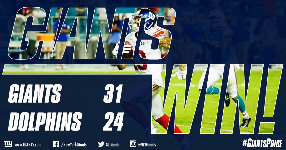 Giants's tweet photo. #GIANTS WIN 31-24 in Miami on @ESPNMondayNight!!! Watch HIGHLIGHTS: https://t.co/xnOuawE8b3 https://t.co/tXofPXO0nr
