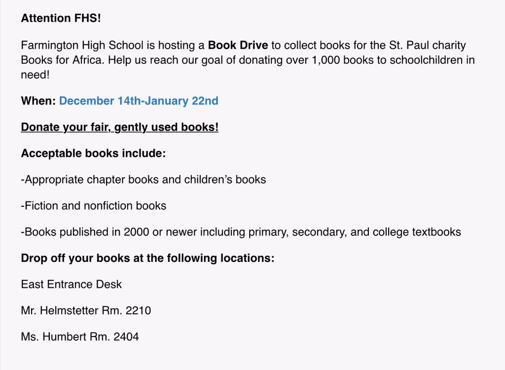 #192Tigers FHS Books 4 Africa Bookdrive! Help us reach our goal 1,000 books @FHSBerg @ISD192Athletics <a href="/district192/">Farmington Area Public Schools</a>