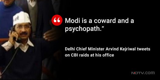 Delhi Chief Minister Arvind Kejriwal calls PM Modi a "coward" and "psychopath" after CBI raid at his office.