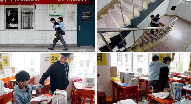 شاب صيني يحمل صديقة المشلول 3 سنوات لإنهاء دراسته .. "هُنا عندما نتحدث عن الصداقة الصادقة" ❤️: