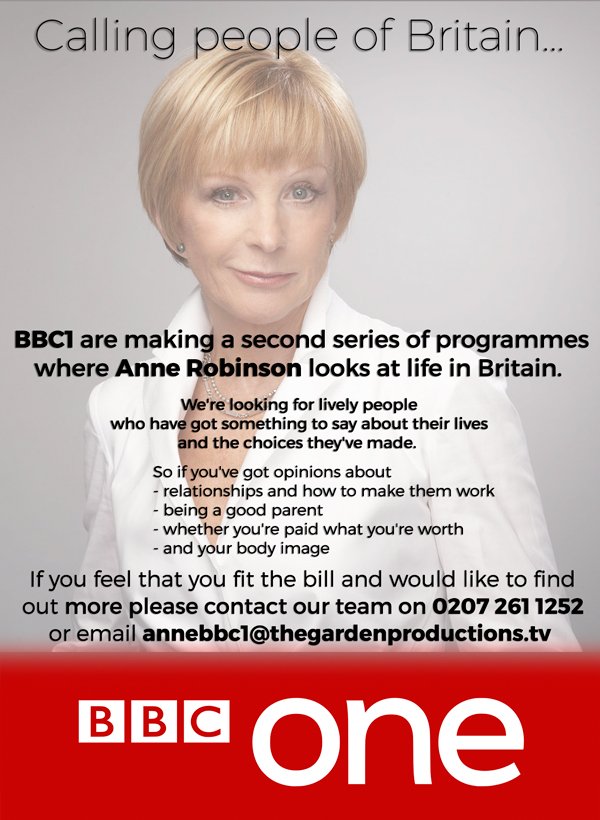 ANNE ROBINSON BBC1 WANTS TO HEAR FROM INTERESTING PEOPLE e: annebbc1@thegardenproductions.tv PLS RT