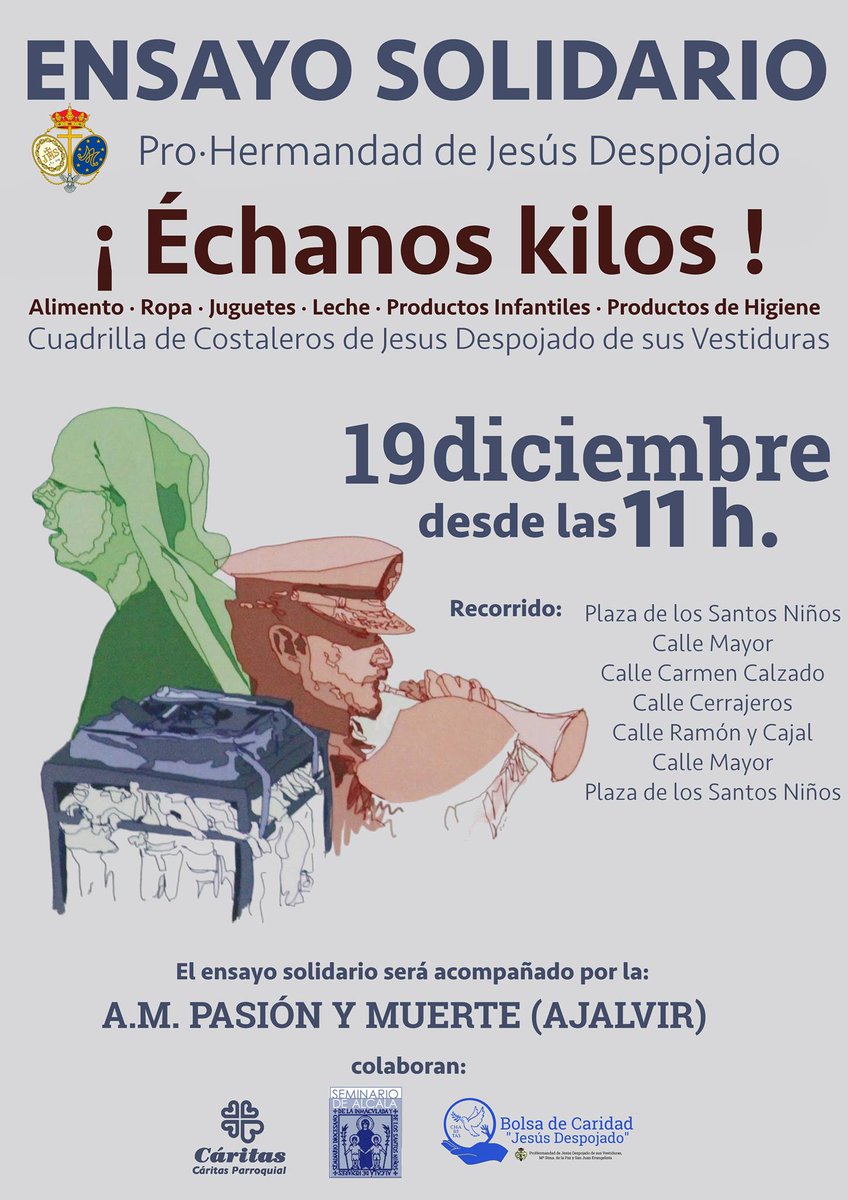 Este sábado desde las 11 h. Ensayo Solidario con nuestros amigos de <a href="/AmPasionyMuerte/">A.M. Pasión y Muerte</a> de Ajalvir. #ÉchanosKilos