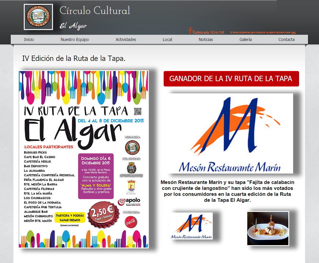 circuloalgar's tweet photo. Ganador IV Ruta de la Tapa El Algar: Mesón Restaurante Marín ¡Enhorabuena! #circuloalgar #IVRutadelatapaElAlgar https://t.co/nQlDSD6Btr
