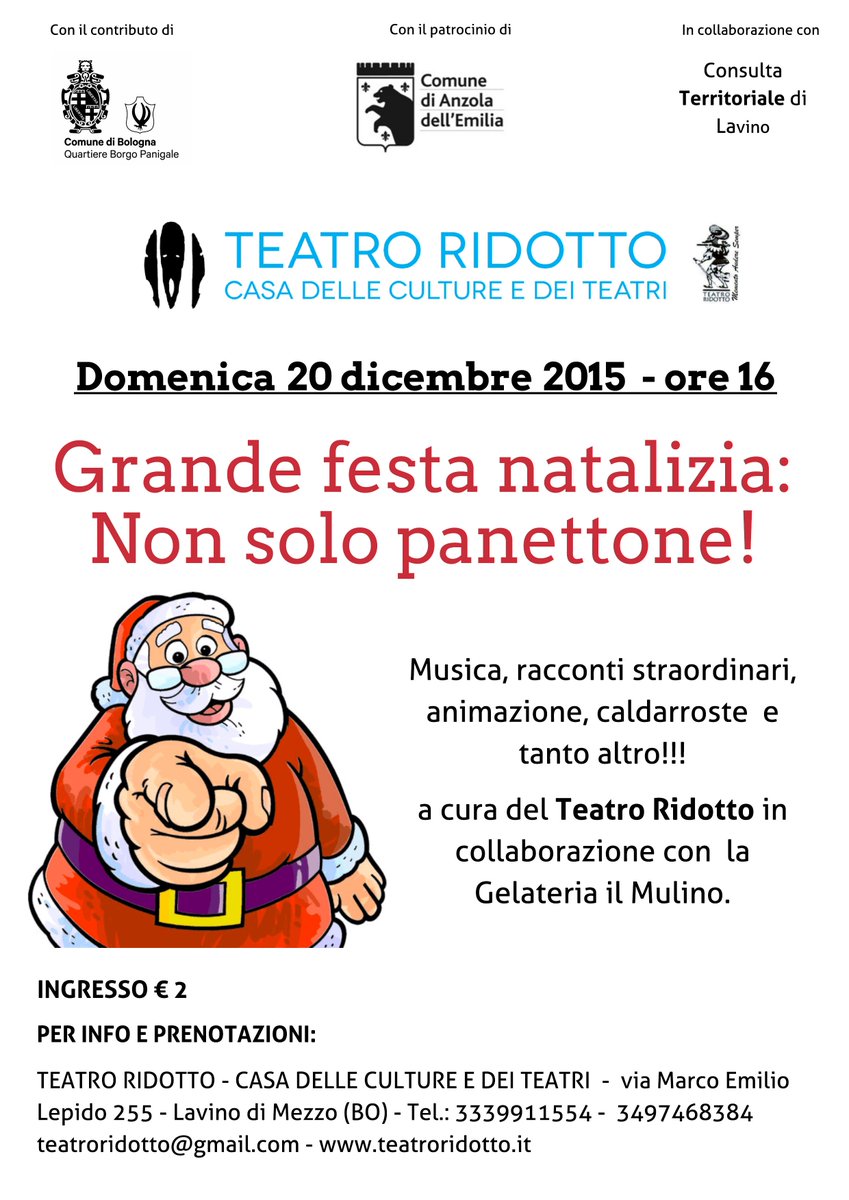 Domenica 20 dicembre ore 16:00 - Grande festa natalizia "Non solo panettone!"
<a href="/Carlino_Bologna/">Carlino Bologna</a> <a href="/rep_bologna/">Repubblica Bologna</a>