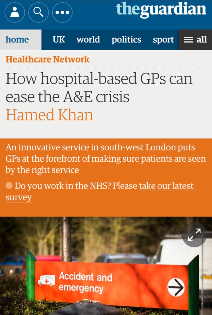 drhamedkhan's tweet photo. My piece in todays @guardian on how GPs can help solve the A&amp;E crisis with GP led streaming

https://t.co/zXqlIigKIP https://t.co/KdZuUbBD7c