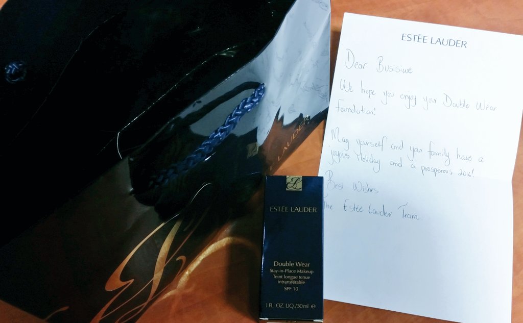 ThisIsBusi's tweet photo. Thank you @EsteeLauderSA for my year's supply of #MyPerfectShade. 2016 is going be flawless! Appreciate the note too https://t.co/5djLR8xbbn