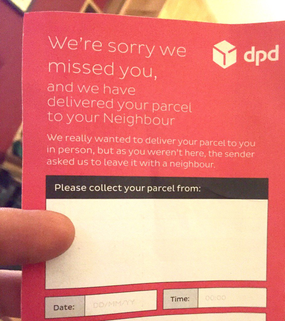 pevsonic's tweet photo. @DPD_UK So, exactly which neighbour did you decide to leave my parcel with then? Santa gave you invisible ink eh... https://t.co/9V9u8VOfiV