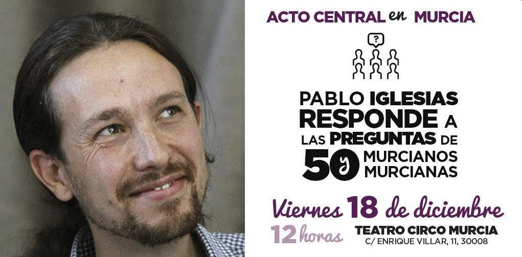 Podemos_CT's tweet photo. Este viernes, a las 12h, en el @teatrocircomur estará @Pablo_Iglesias_ respondiendo a 50 preguntas #PreguntaAPablo https://t.co/2KEjJpkRNX
