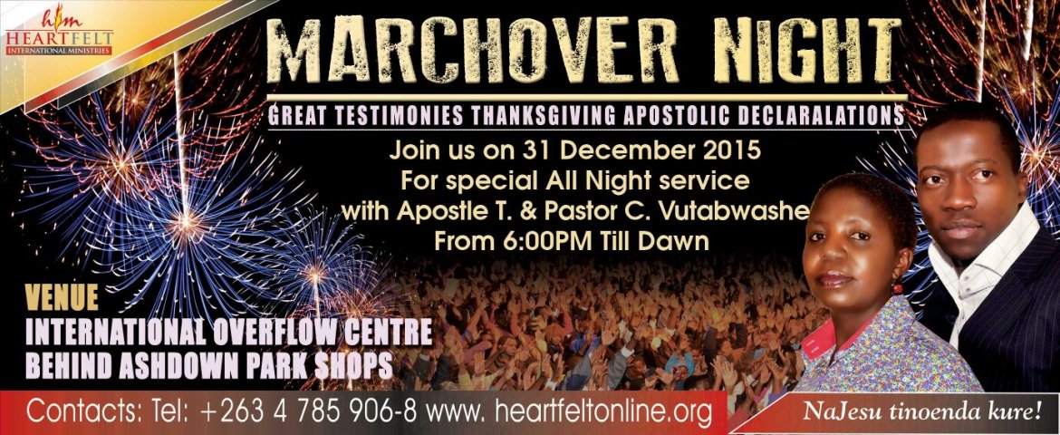 KudaChima's tweet photo. Join Apostle T. Vutabwashe for #MarchOver into #AGreatYear2016 on 31 Dec @ IOC, Ashdown Park, Harare! 6pm till dawn. https://t.co/y7QeXry5Rx