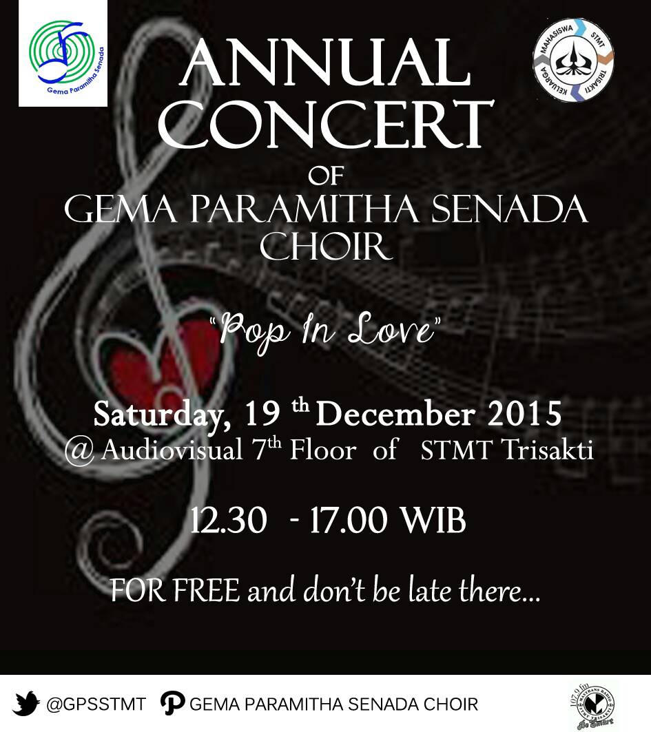 mastransradio's tweet photo. Annual Concert "Pop in Love" presented by @GPSSTMT on 19th December 2015 at AudioVisual STMT Trisakti. Free entry! https://t.co/rOgwQp9WD2