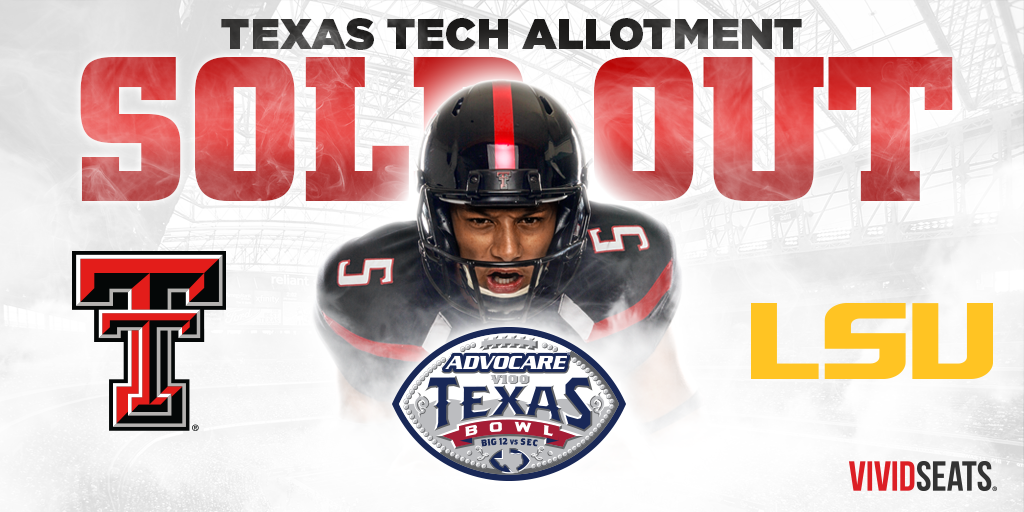 TechAthletics's tweet photo. #TexasTech has sold its entire ticket allotment for the @TexasBowl. Details: https://t.co/M5Fgml0GzZ #WreckEm https://t.co/gEzP9kZ6Ip