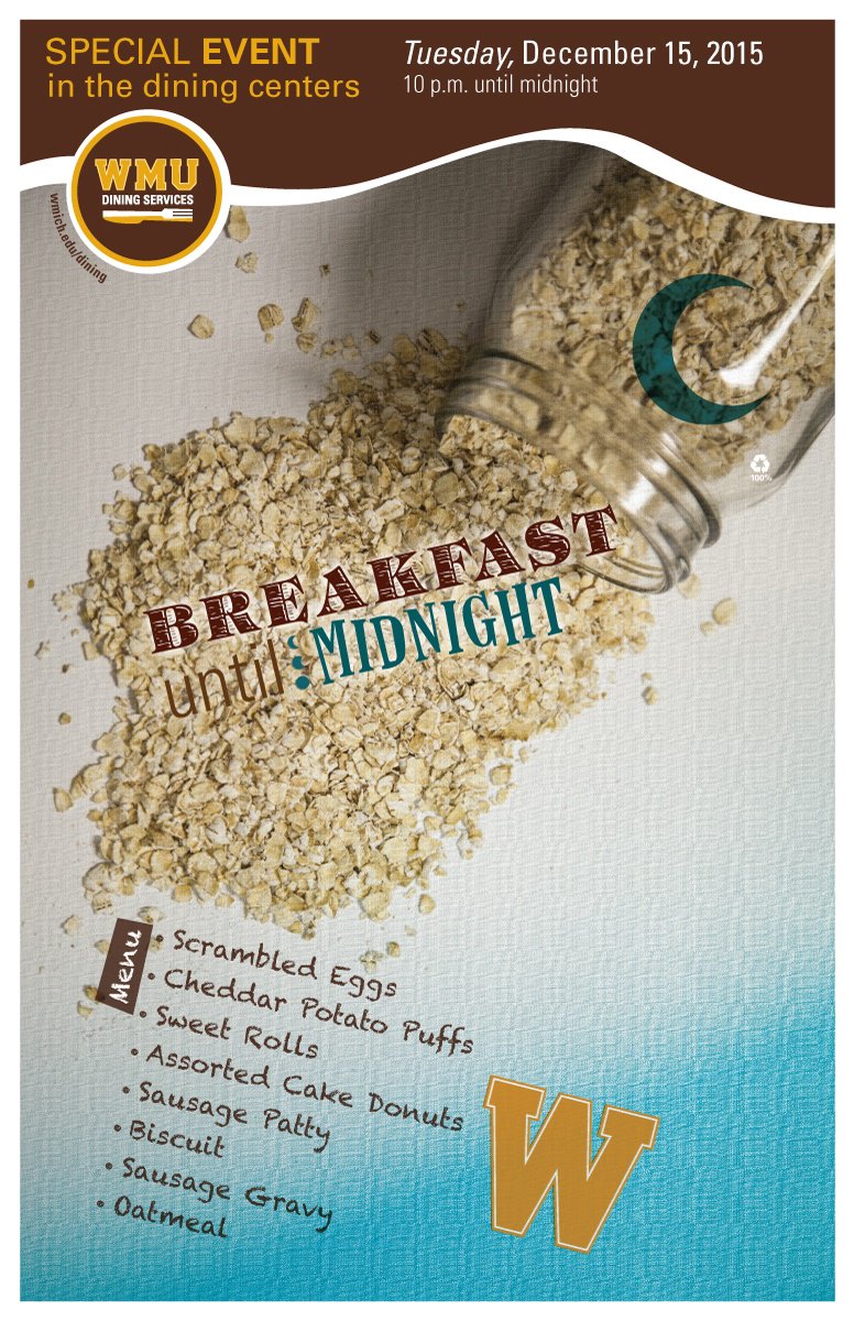 WMUDining's tweet image. Breakfast until Midnight in the dining halls tonight! #finalsweek #WMU #latenightsnack