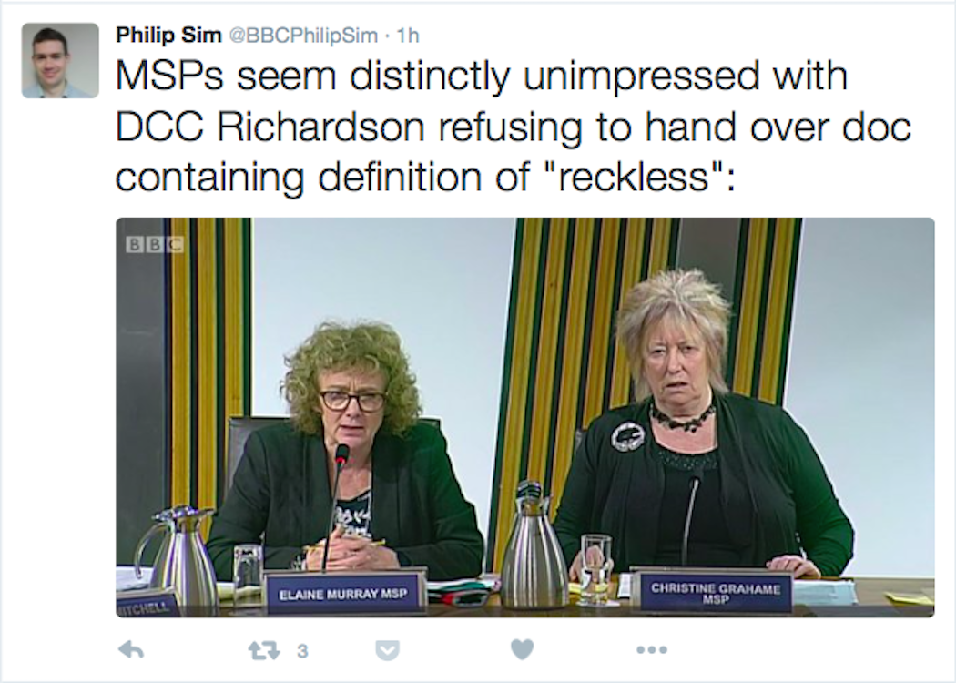 SourceScot's tweet photo. Tweet of the Day: MSPs stare down uncooperative police chief https://t.co/LL27c2cvgw Courtesy of @BBCPhilipSim https://t.co/9PNlAl9Hul