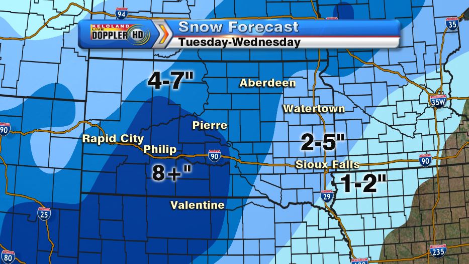 kelostormcenter's tweet photo. Heavy snow will be in western SD w/ 8"+. Snow will not be as heavy in the east. Details on KELOLAND This AM. #kelowx https://t.co/jIExheGqIS