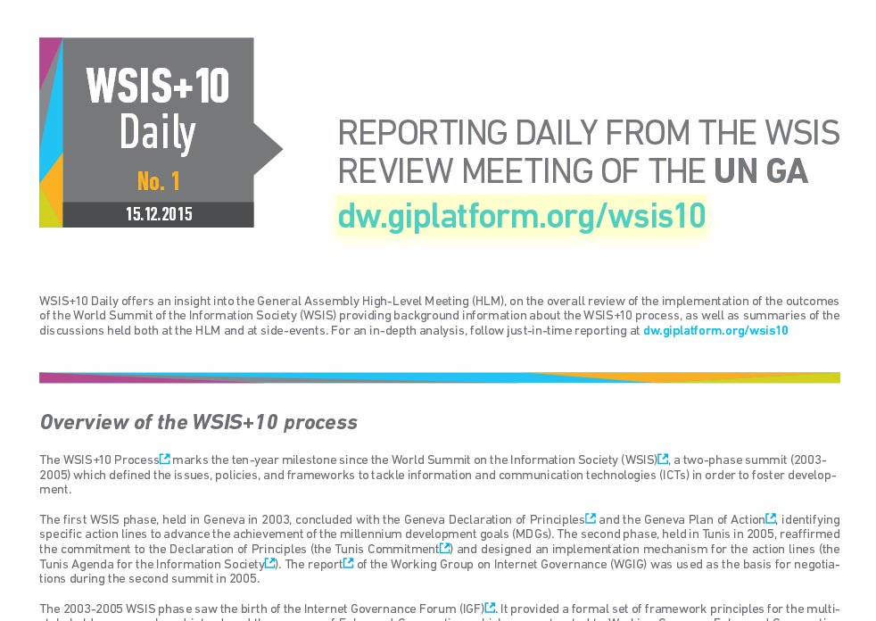 VRadunovic's tweet photo. 1st Daily Report from the UNGA Review of #WSIS: https://t.co/VTj7e9PWIj by @GenevaGIP #theGIP #IGF15 #WSIS10 #ICANN https://t.co/j4pnD38LS9